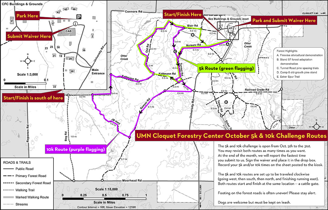map of Cloquet Forestry Center 5k and 10k routes