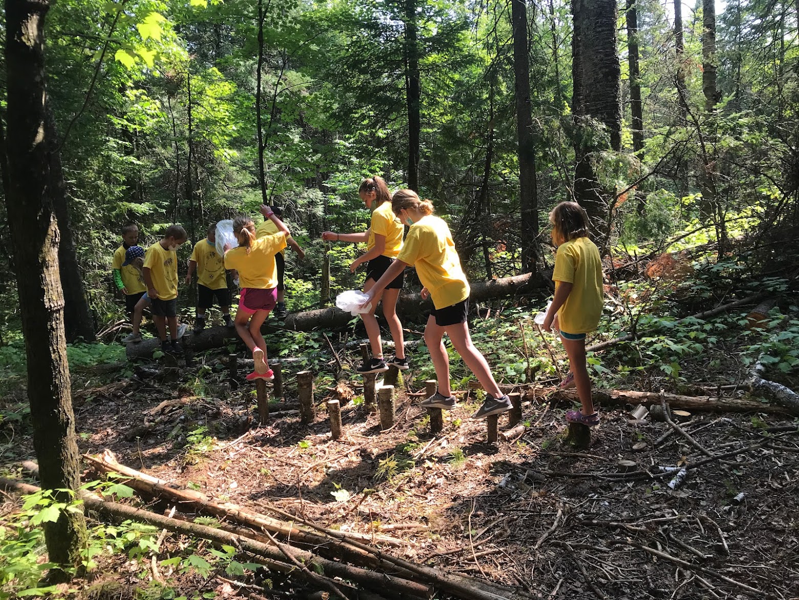 Several students in yellow t shirts walk in the woods.