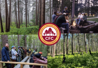 A collage of images from CFC, featuring a tour through one of the wooded plots, children during a scavenger hunt, wagon tours in the summer, and a fireside chat. In the center, the CFC circle logo connects all the photos.